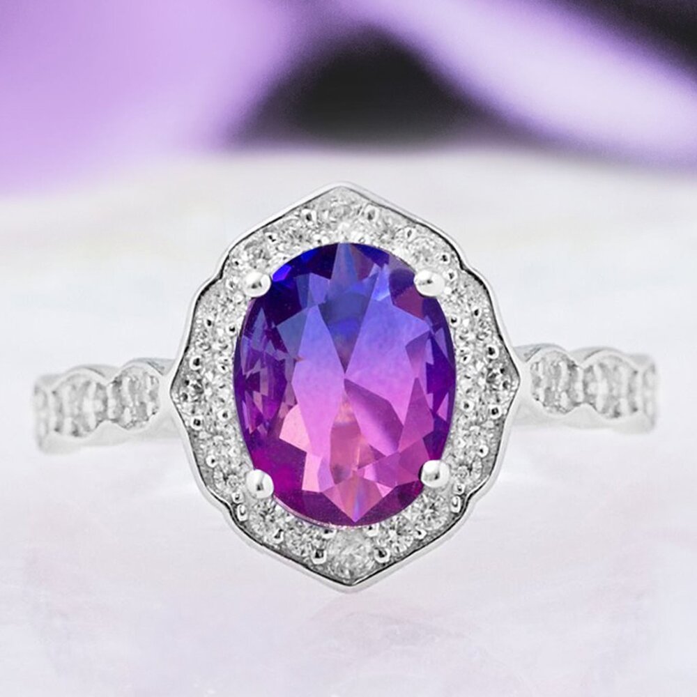 Pink & Purple Oval Gemstone Ring, real 925 Sterling Silver Charmed Aroma